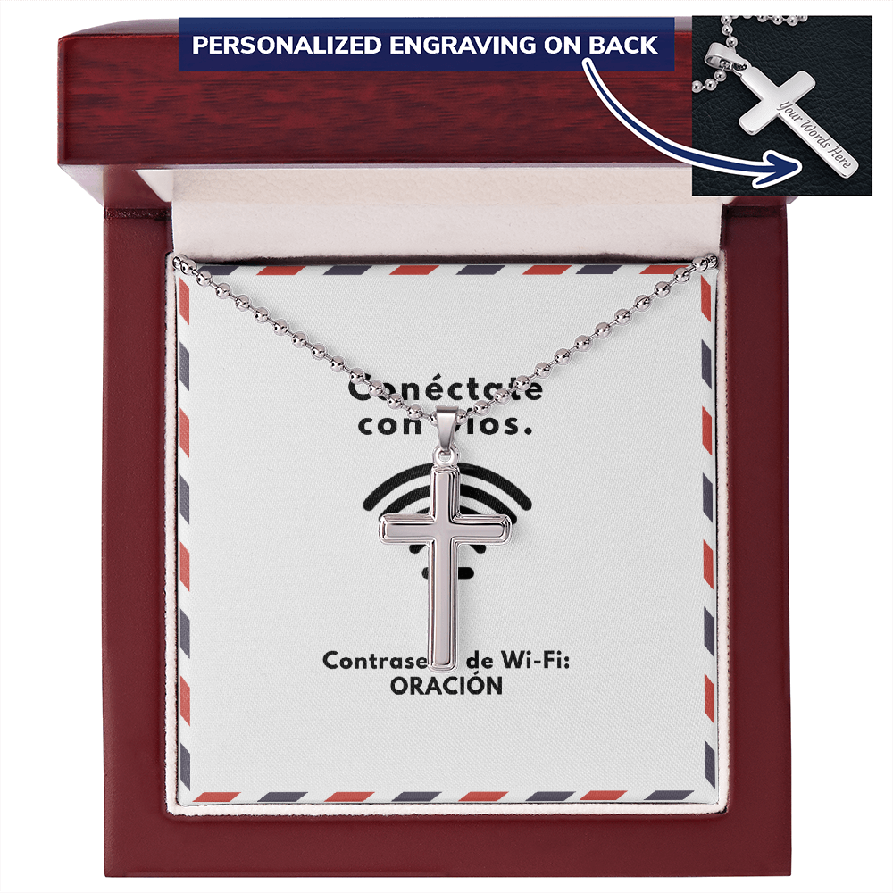 Conéctate con Dios – “WiFi Password: PRAYER” Personalized Cross Necklace | Faith & Prayer Gift