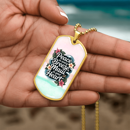 Maui Breeze Dog Tag Necklace – “Peace in Every Breeze” Hawaiian Gift Jewelry