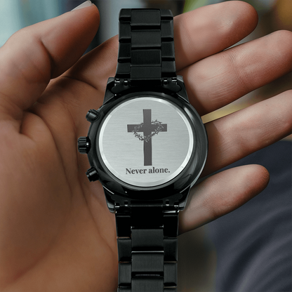 Christian Black Chronograph Watch – “You Are Never Alone” | Personalized Engraved Men's Faith Gift
