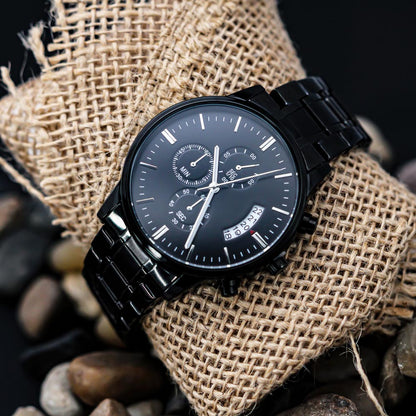 Christian Black Chronograph Watch – “You Are Never Alone” | Personalized Engraved Men's Faith Gift