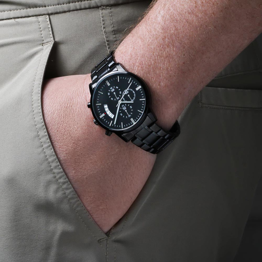 Christian Black Chronograph Watch – “You Are Never Alone” | Personalized Engraved Men's Faith Gift