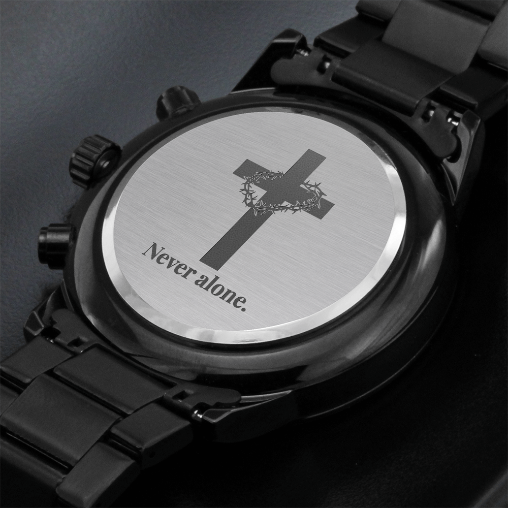 Christian Black Chronograph Watch – “You Are Never Alone” | Personalized Engraved Men's Faith Gift