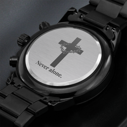Christian Black Chronograph Watch – “You Are Never Alone” | Personalized Engraved Men's Faith Gift