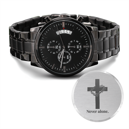 Christian Black Chronograph Watch – “You Are Never Alone” | Personalized Engraved Men's Faith Gift