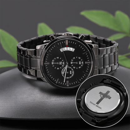 Christian Black Chronograph Watch – “You Are Never Alone” | Personalized Engraved Men's Faith Gift