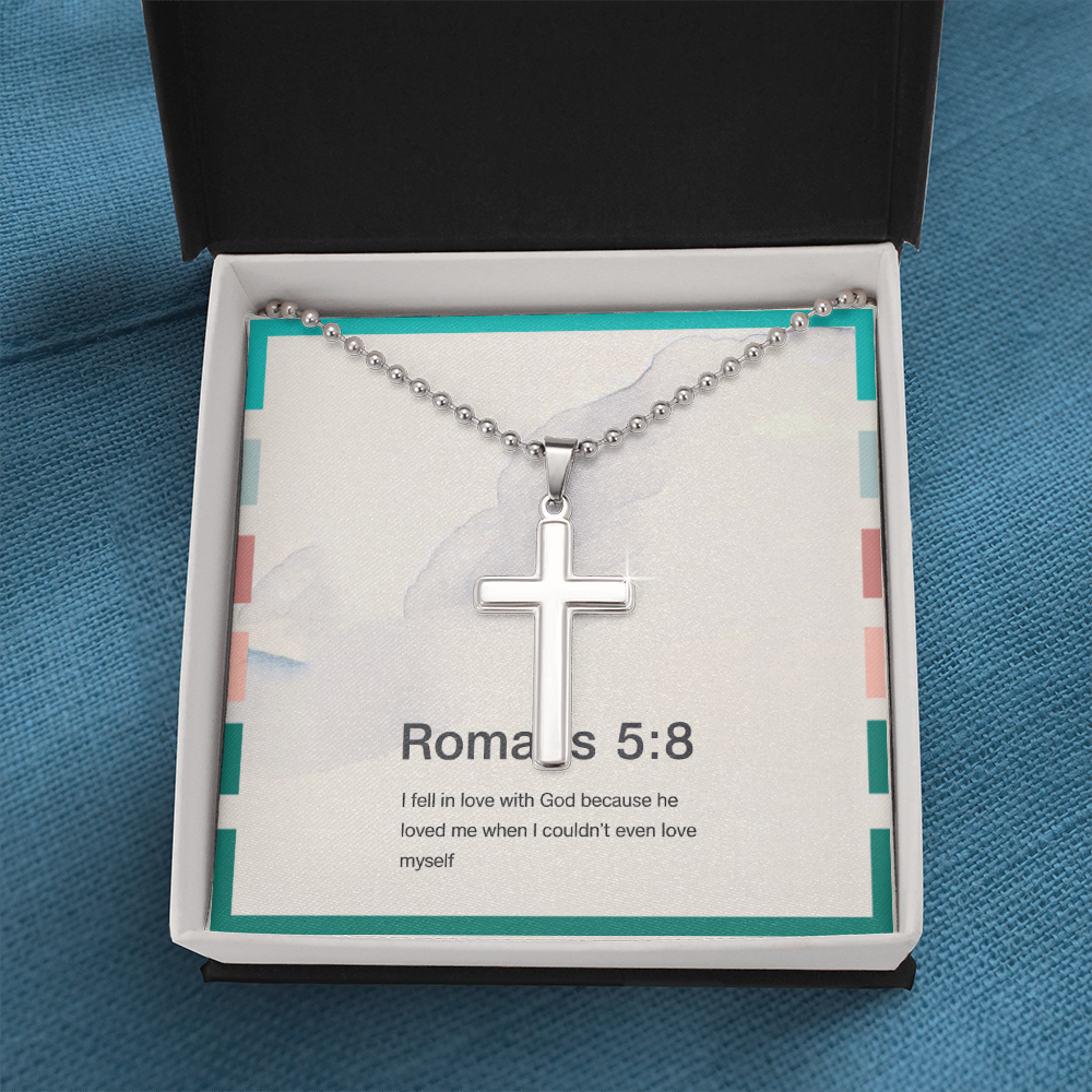 Faith-inspired necklace featuring Romans 5:8 scripture
