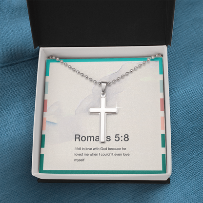 Faith-inspired necklace featuring Romans 5:8 scripture
