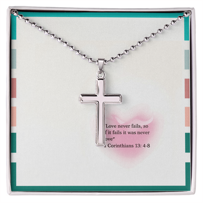 “Love Never Fails” Women's Inspirational Cross Necklace – 1 Corinthians 13:4–8 Faith & Grace Gift