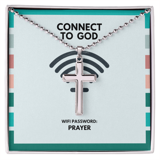 “Connect to God” artisan cross necklace with stainless steel pendant