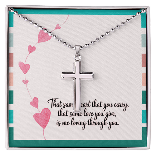 “That Same Heart” artisan cross necklace with inspirational message about God’s love