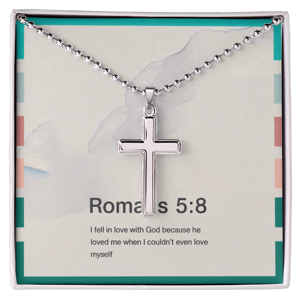 “Romans 5:8 He loved me when I couldn’t love myself” cross necklace