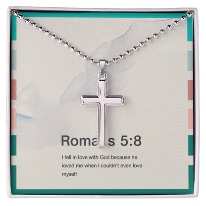 “Romans 5:8 He loved me when I couldn’t love myself” cross necklace