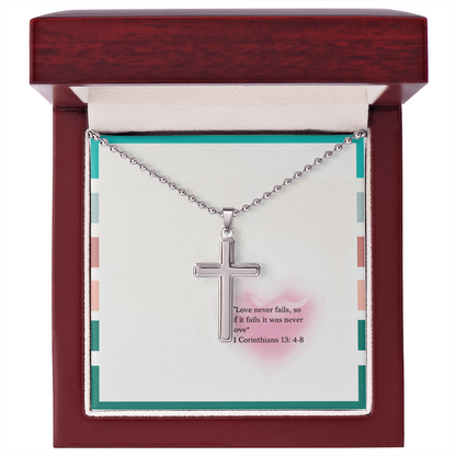 “Love Never Fails” Women's Inspirational Cross Necklace – 1 Corinthians 13:4–8 Faith & Grace Gift