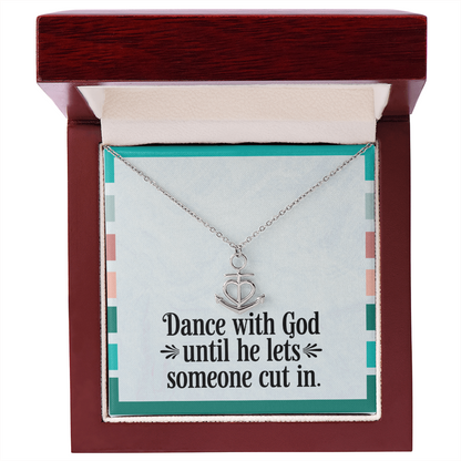 Necklace displayed on inspirational message card about faith and timing