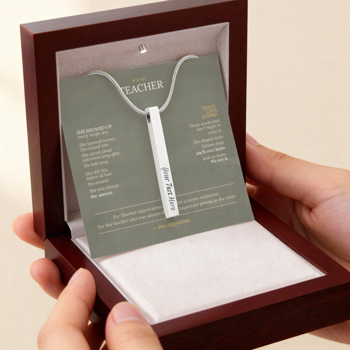 Teacher Appreciation Gift for Her | Teach. Love. Inspire. | Engraved 4-Sided Stick Necklace with Message Card