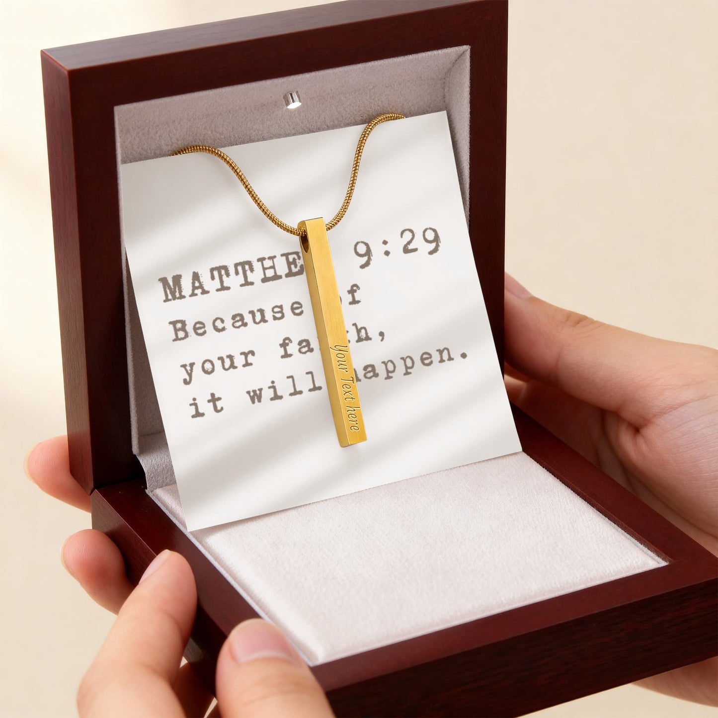 “Because of Your Faith” – Matthew 9:29 Engraved Stick Necklace