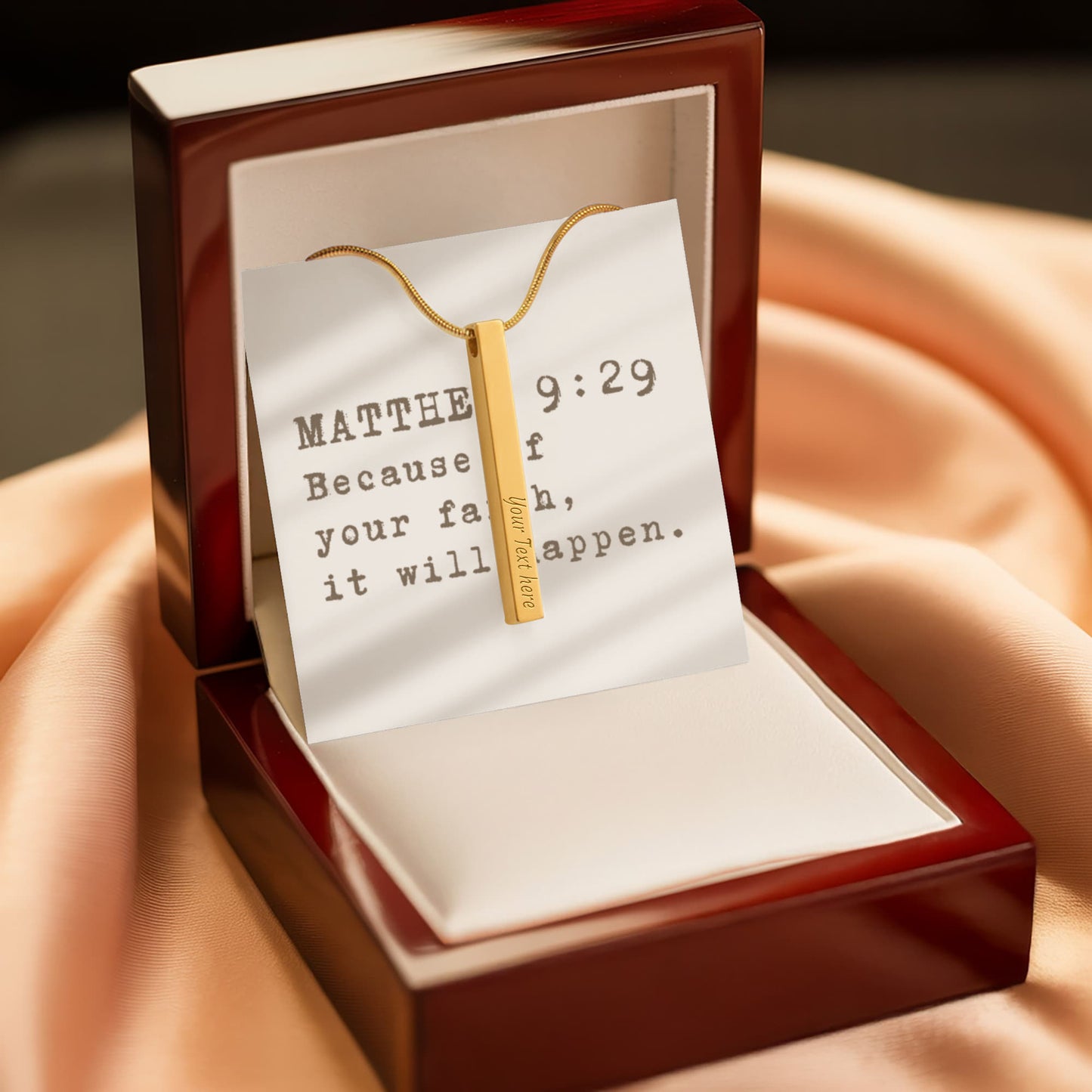 “Because of Your Faith” – Matthew 9:29 Engraved Stick Necklace