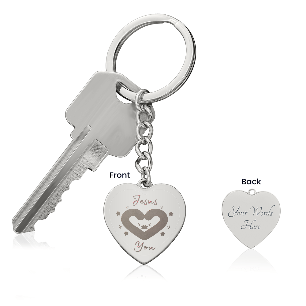 “Jesus Loves You” engraved heart keychain front and back