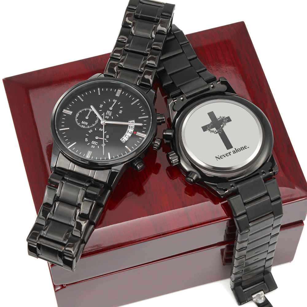 Christian Black Chronograph Watch – “You Are Never Alone” | Personalized Engraved Men's Faith Gift