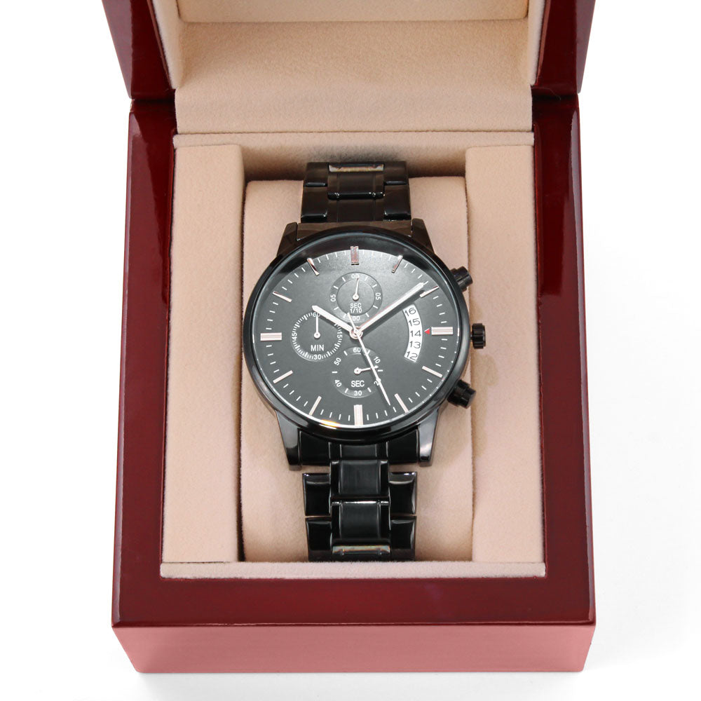 Christian Black Chronograph Watch – “You Are Never Alone” | Personalized Engraved Men's Faith Gift