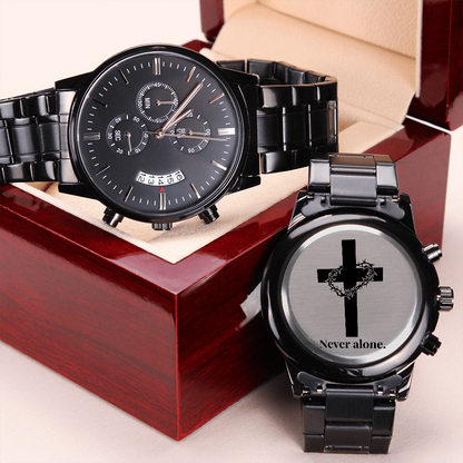Christian Black Chronograph Watch – “You Are Never Alone” | Personalized Engraved Men's Faith Gift