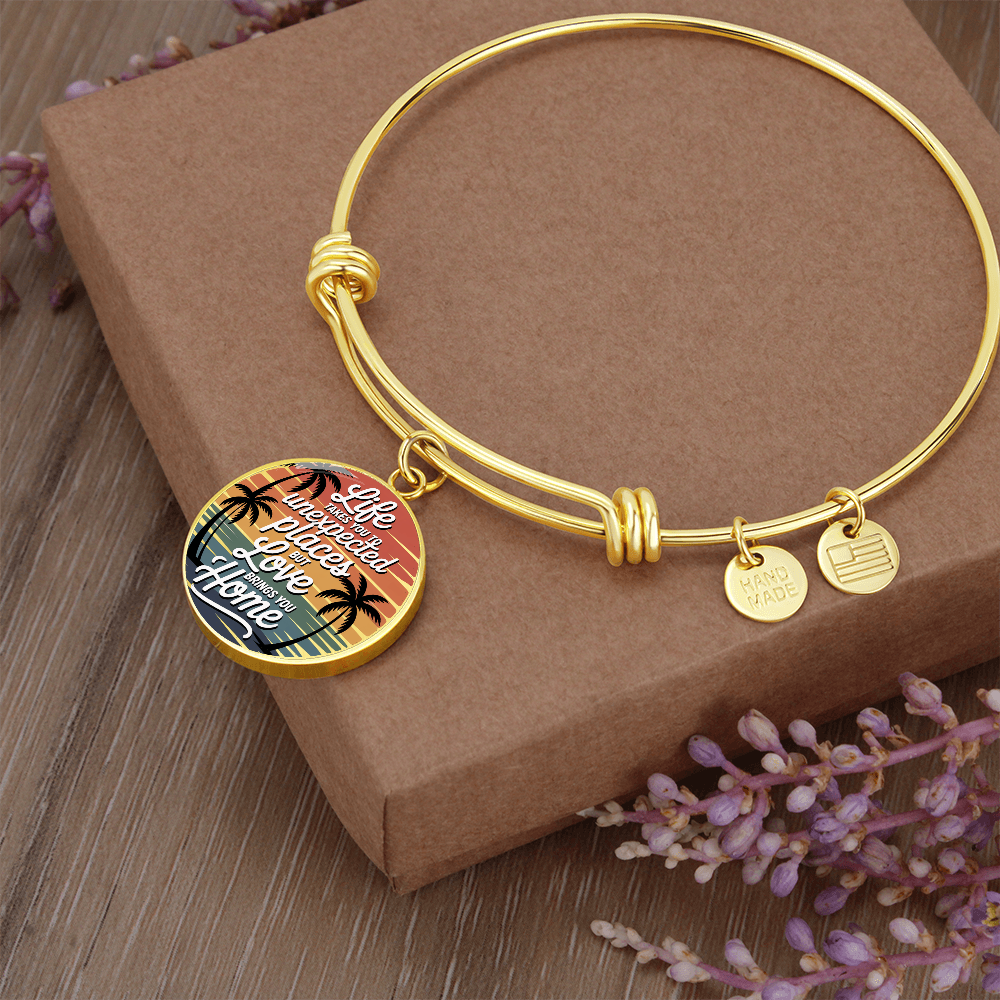 California Sunset Quote Bracelet – “Life Takes You to Unexpected Places, Love Brings You Home” Circle Pendant Bangle