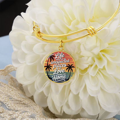 California Sunset Quote Bracelet – “Life Takes You to Unexpected Places, Love Brings You Home” Circle Pendant Bangle