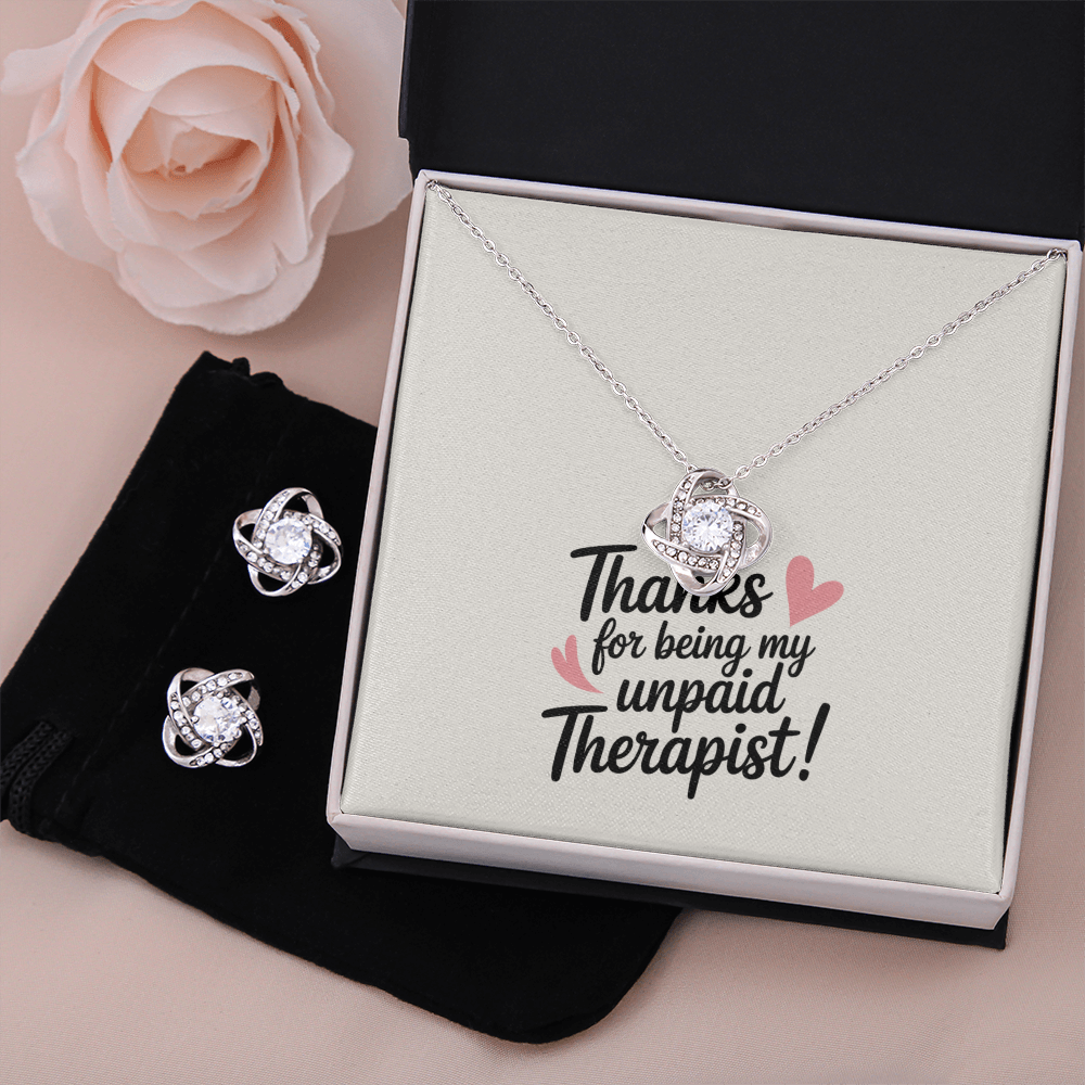 "Thanks for Being My Unpaid Therapist" Love Knot Earring & Necklace Set – A Gift of Appreciation and Connection