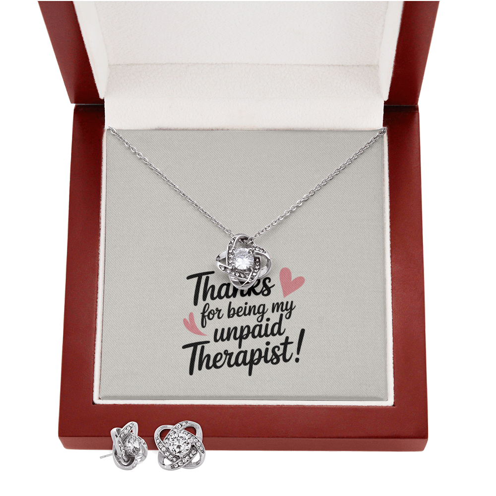 "Thanks for Being My Unpaid Therapist" Love Knot Earring & Necklace Set – A Gift of Appreciation and Connection