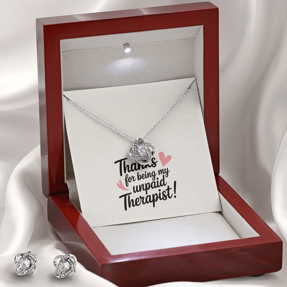 "Thanks for Being My Unpaid Therapist" Love Knot Earring & Necklace Set – A Gift of Appreciation and Connection