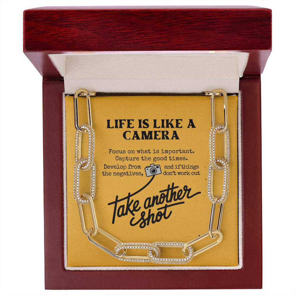 Life Is Like a Camera Necklace Gift | CZ Paperclip Chain for Her | Inspirational Jewelry for Women | Birthday & Anniversary Gift
