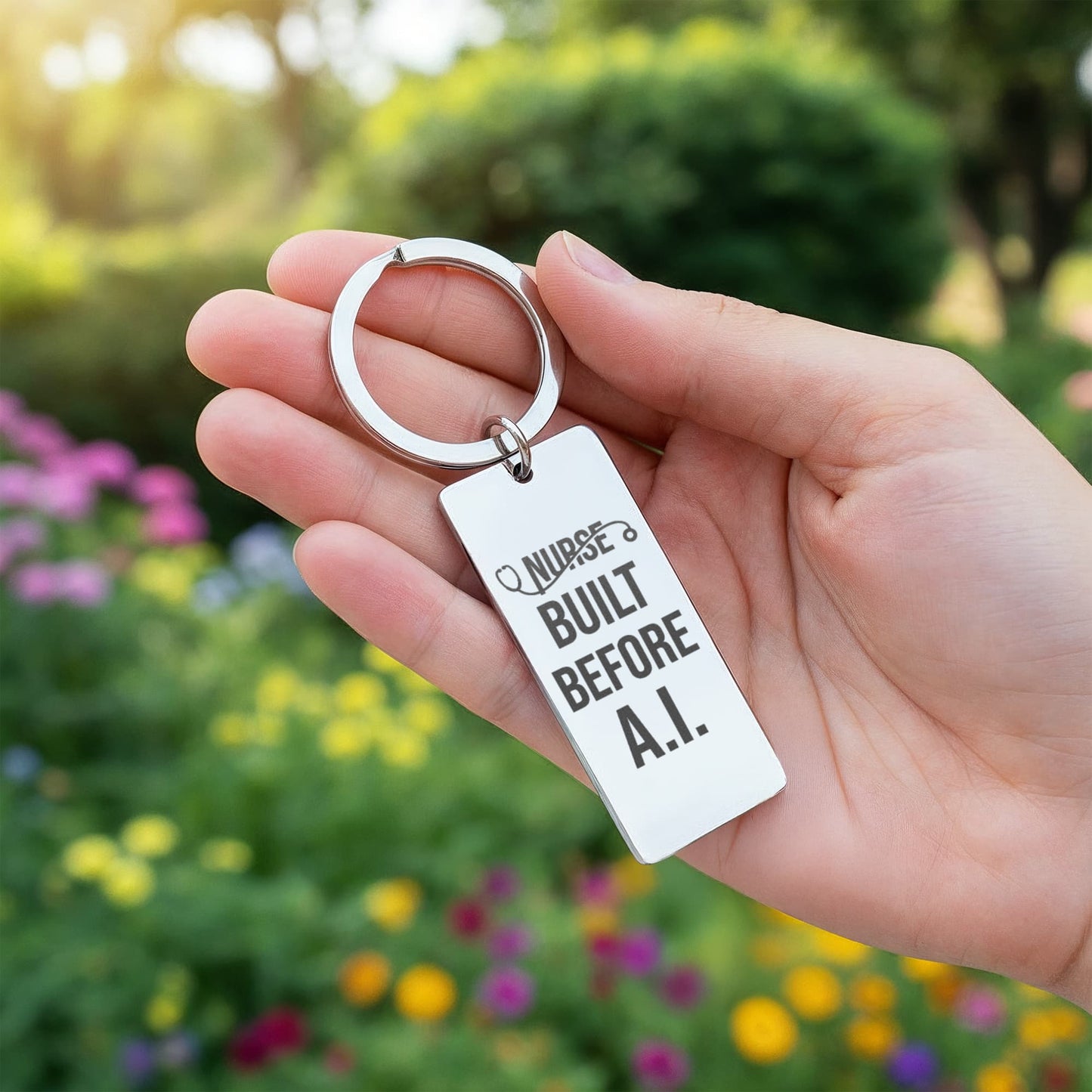 Nurse Appreciation Gift for Her | Built Before A.I. | Engraved Rectangle Keychain for Nurses
