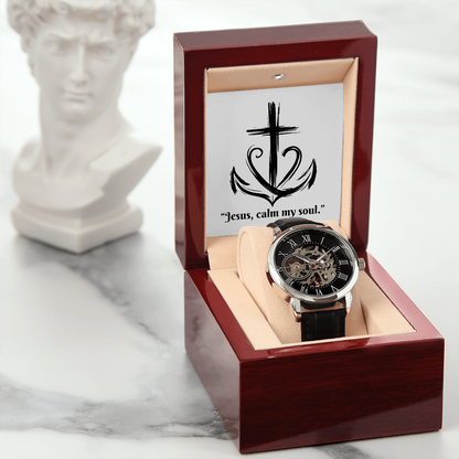 Jesus, Calm My Soul: Openwork Watch – Christian Anxiety Support Timepiece | Elegant Faith Reminder for Overwhelmed Hearts