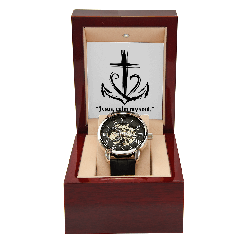 Jesus, Calm My Soul: Openwork Watch – Christian Anxiety Support Timepiece | Elegant Faith Reminder for Overwhelmed Hearts