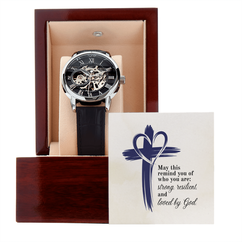 Christian Openwork Skeleton Watch – “Strong, Resilient, Loved by God” | Luxury Faith Gift for Men, Husband, Dad, Son & Pastor