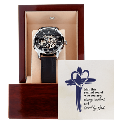Christian Openwork Skeleton Watch – “Strong, Resilient, Loved by God” | Luxury Faith Gift for Men, Husband, Dad, Son & Pastor