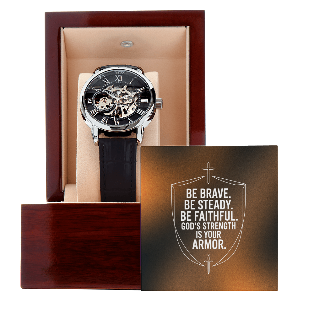 Christian Openwork Skeleton Watch – “God's Strength Is Your Armor” | Faith Gift for Men, Husband, Dad, Son & Pastor