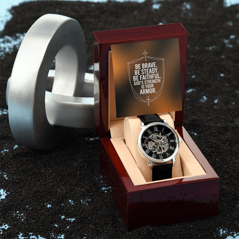 Christian Openwork Skeleton Watch – “God's Strength Is Your Armor” | Faith Gift for Men, Husband, Dad, Son & Pastor