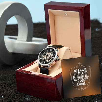 Christian Openwork Skeleton Watch – “God's Strength Is Your Armor” | Faith Gift for Men, Husband, Dad, Son & Pastor