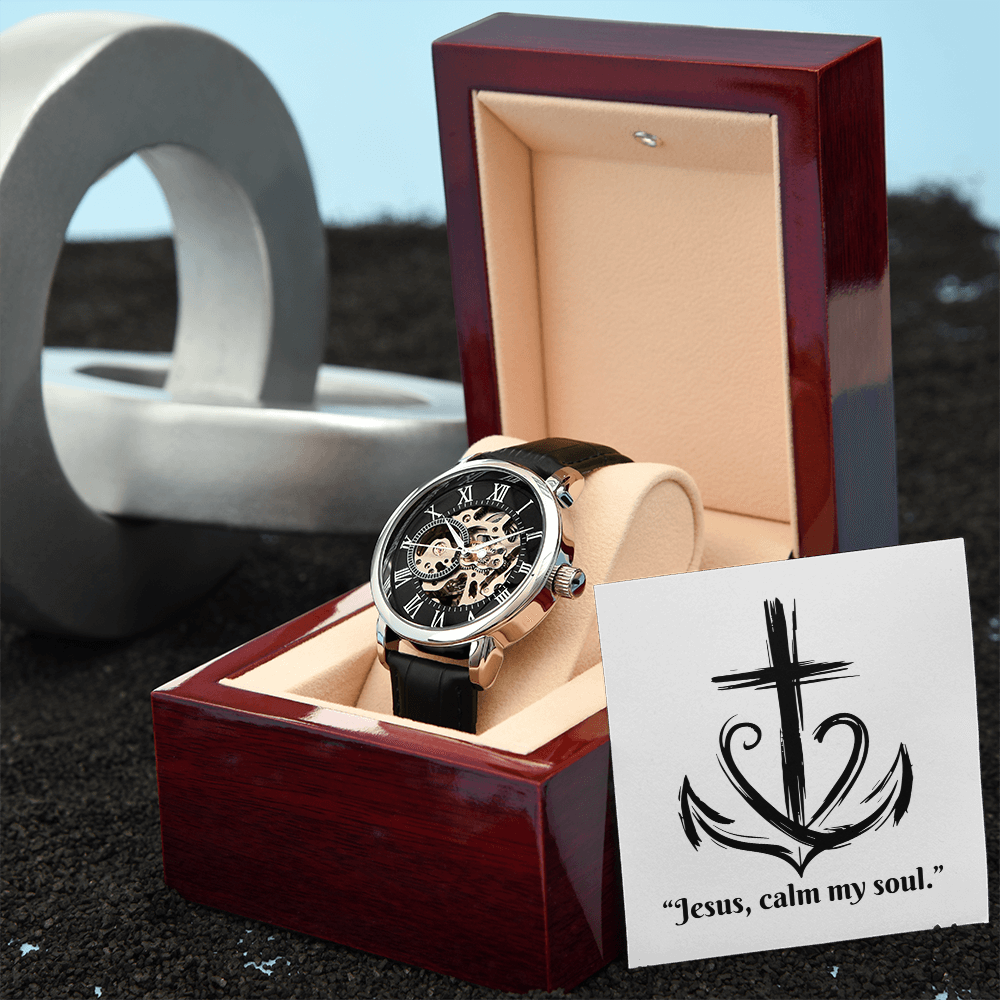 Jesus, Calm My Soul: Openwork Watch – Christian Anxiety Support Timepiece | Elegant Faith Reminder for Overwhelmed Hearts