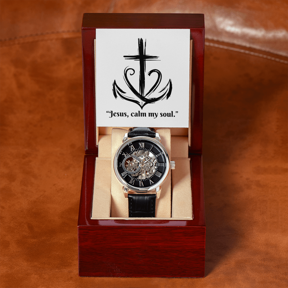 Jesus, Calm My Soul: Openwork Watch – Christian Anxiety Support Timepiece | Elegant Faith Reminder for Overwhelmed Hearts