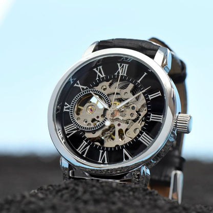 Christian Openwork Skeleton Watch – “Strong, Resilient, Loved by God” | Luxury Faith Gift for Men, Husband, Dad, Son & Pastor