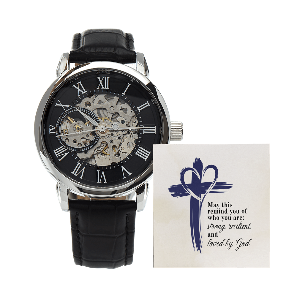 Christian Openwork Skeleton Watch – “Strong, Resilient, Loved by God” | Luxury Faith Gift for Men, Husband, Dad, Son & Pastor