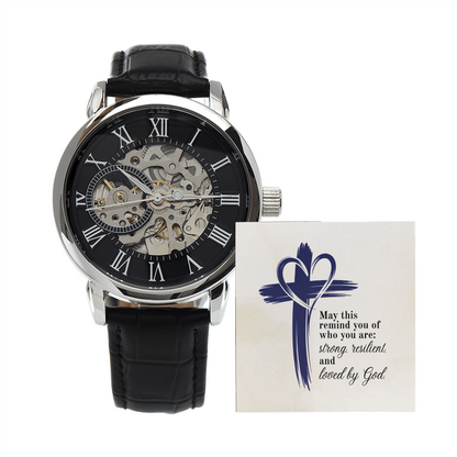 Christian Openwork Skeleton Watch – “Strong, Resilient, Loved by God” | Luxury Faith Gift for Men, Husband, Dad, Son & Pastor