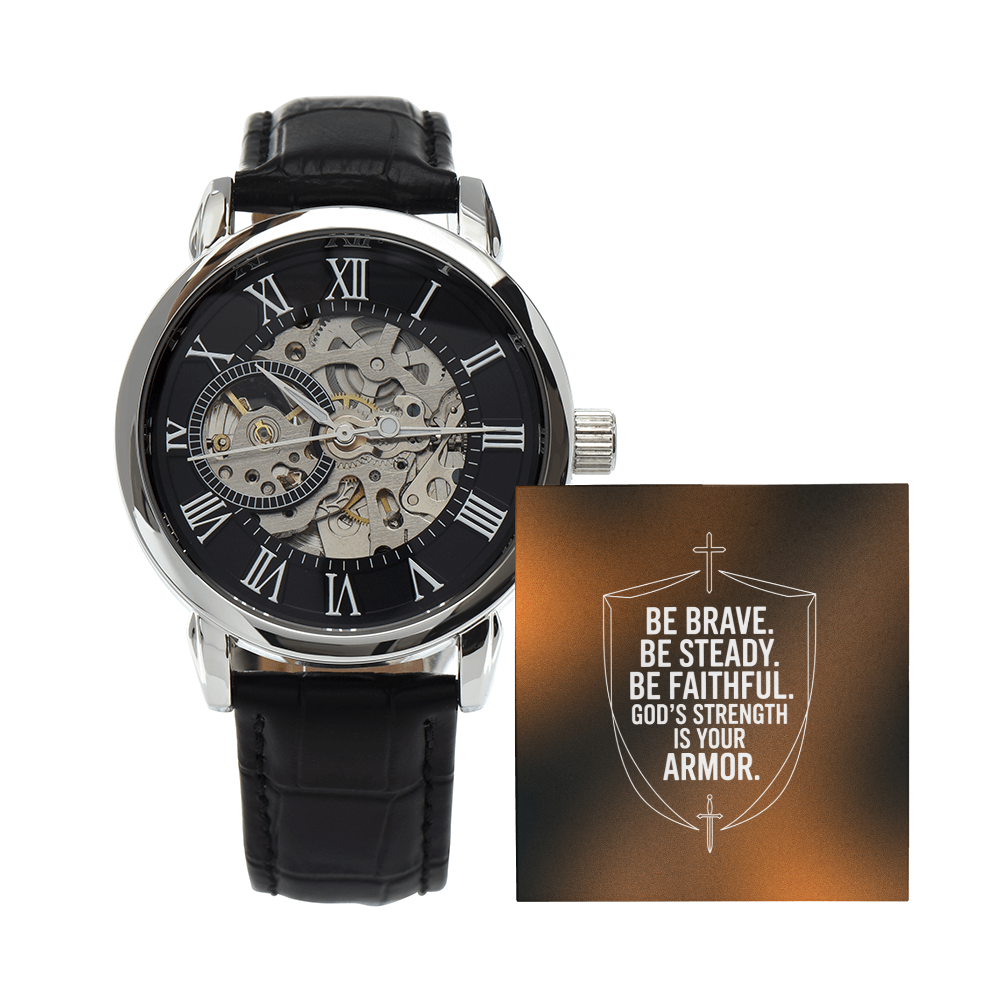 Christian Openwork Skeleton Watch – “God's Strength Is Your Armor” | Faith Gift for Men, Husband, Dad, Son & Pastor