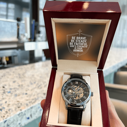 Christian Openwork Skeleton Watch – “God's Strength Is Your Armor” | Faith Gift for Men, Husband, Dad, Son & Pastor