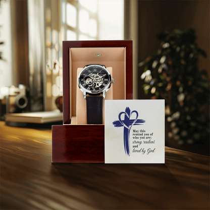 Christian Openwork Skeleton Watch – “Strong, Resilient, Loved by God” | Luxury Faith Gift for Men, Husband, Dad, Son & Pastor