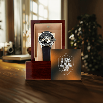 Christian Openwork Skeleton Watch – “God's Strength Is Your Armor” | Faith Gift for Men, Husband, Dad, Son & Pastor