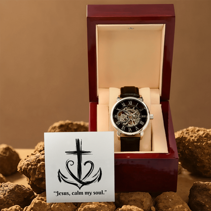 Jesus, Calm My Soul: Openwork Watch – Christian Anxiety Support Timepiece | Elegant Faith Reminder for Overwhelmed Hearts