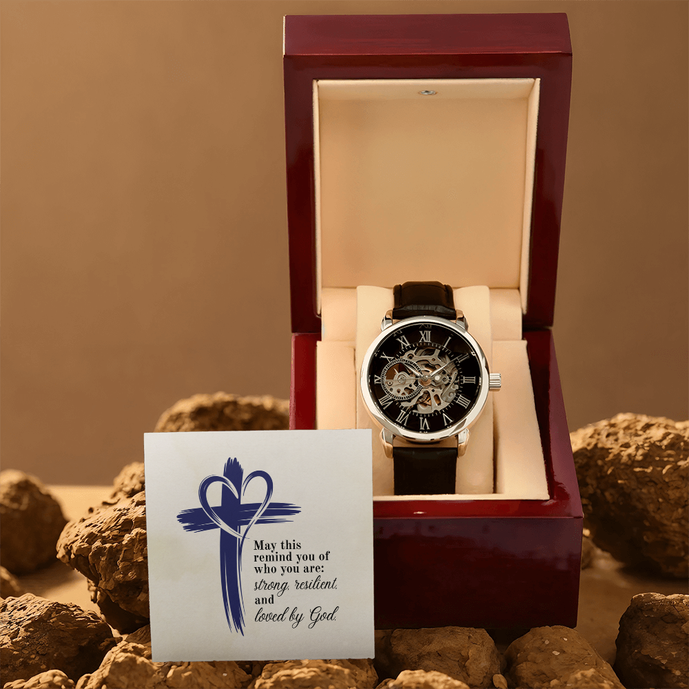 Christian Openwork Skeleton Watch – “Strong, Resilient, Loved by God” | Luxury Faith Gift for Men, Husband, Dad, Son & Pastor